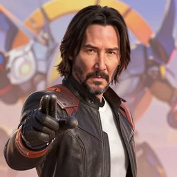 Keanu Reeves as a character in the game Overwatch, with a background based on the game Overwatch, detailed face, action shot