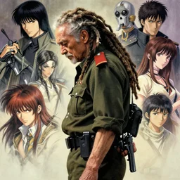 elderly busta rhymes!! wearing uniform, dreadlocks, holding pistol at side, side view, looking down | | audrey plaza, fine detail!! anime!! realistic shaded lighting!! poster by ilya kuvshinov katsuhiro otomo ghost - in - the - shell, magali villeneuve, artgerm, jeremy lipkin and michael garmash and rob rey