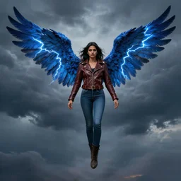 angel avan jogia with blue-feather wings. Leather jacket, boots and jeans. Wings with thunderbolt patterns. Floating in a stormy sky. Distant full body shot. Artwork by artgerm