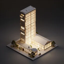 architectural model, isometric view, studio lighting, low contrast, brightly lit studio, highly detailed, tall stacked long boxes, large windows, courtyard, gabled roof, futuristic, tree