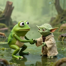 pepe the frog and yoda shaking hands in a swamp on dagobah, a scene from'the empire strikes back ', wide angle shot, cinematic, hyper realistic, centered