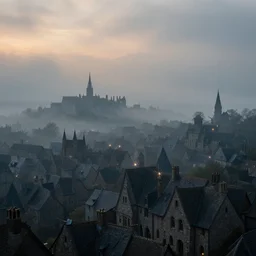 a foggy medieval town at dusk, digital art, 4k