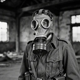 A photograph of a man in a gas mask and military fatigues, in a ruined industrial building. Film Noir. High Contrast. Black and White.