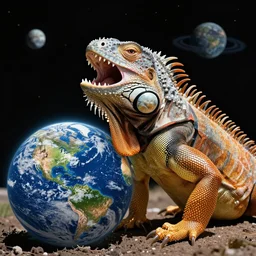 a humongous iguana with it's mouth wide open ready to eat earth, EARTH, earth, earth outside, outside ,outside in space, space, space