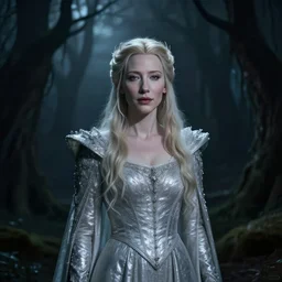 portrait of ((mischievous)), baleful, serene young (Cate Blanchett) as Galadriel as a queen of fairies, dressed in a beautiful silver dress. The background is a dark, creepy eastern europen forrest.  night, horroristic shadows, high contrasts, lumnious,  photorealistic, dreamlike, (mist filters), theatrical, character concept art by ruan jia, John Anster Fitzgerald, thomas kinkade, and J.Dickenson, trending on Artstation