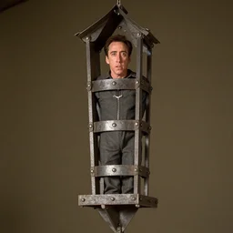 photo of nicholas cage imprisoned in a medieval gibbet of metal xf iq 4, f / 1. 4, iso 2 0 0, 1 / 1 6 0 s, 8 k, in - frame