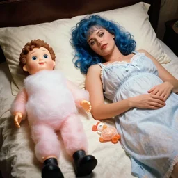 highly detailed, photographic, 1981 movie scene of a woman lying in bed. The woman has a blue hairstyle and night gown.next to the woman is a man made complete of candy floss. Next to the people is a plastic ventriloquist doll, photographic