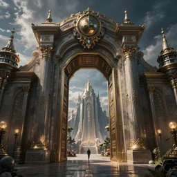 The gate to the eternal kingdom of cyberpunk, fantasy, digital art, HD, detailed.