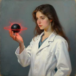 an old painting of a beautiful young female scientist holding a small black hole with red plasma disk in her hand, stylised, elegant, sharp focus, morandi color scheme, illustration, high quality, highly detailed, long hair, digital art, science fiction art style, art station