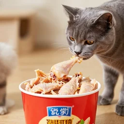 cat holding and eating chicken tender from chicken tenders bucket
