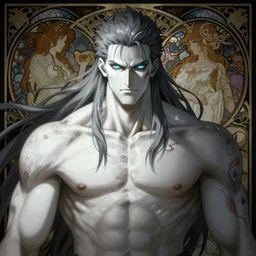 symmetry portrait of a tall warrior with grey hair and big muscles, light blue eyes and body full of scars, his skin in extremely white and grim looking, mysterious ultra detailed, intricate, anime, dynamic lighting, digital art, digital painting, art station, wlop, sharp focus, illustration, art by artgerm and greg rutkowski and alphonse mucha