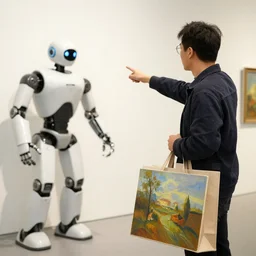 an artist carrying a bag of stolen paintings pointing at a robot