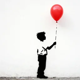 a side profile of a black and white boy holding a single red balloon on a white concrete background in the style of Banksy, graffiti, digital art