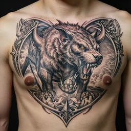 chest tattoo of a sabretooth! deep focus, d & d, fantasy, intricate, elegant, highly detailed, digital painting, artstation, concept art, matte, sharp focus, illustration, hearthstone, art by artgerm and greg rutkowski and alphonse mucha