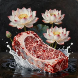 breathtaking oil painting of flowers made of fresh meat, white water splash and blood lotus, by ayami kojima and brom, 8 k, concept art, matte, sharp focus, rembrandt style
