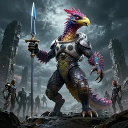 a reptile bird monster chimera hybrid with claws fangs bristles feathers tails wearing a spacesuit wielding excalibur, dark alien world with stone ruins, stormy, in the style of boris vellejo, julie bell, giger, gerald brom, luis royo, leng jun, fantasy, dramatic studio lighting, wide angle, science fiction, vibrant, octane render 8 k