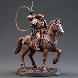 8 0 mm resin detailed miniature of a warhammer 4 0 k space marine cowboy riding an imperium warhorse, wearing space marine cowboy armor, six shooter, rope lasso, product introduction photos, 4 k, full body character resin model,