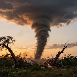 amazing tornado crushing and destroying trees and plants in sunset by marc adamus, beautiful dramatic lighting, powerful tornado