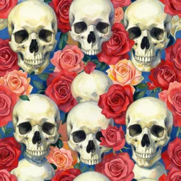 large skulls and vivid roses seamless pattern, Jen Bartel, Dan Mumford, Satoshi Kon, gouache illustration