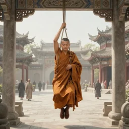 a hanged monk, tie down, enlightened hanging in a public square. intricate, elegant, highly detailed, digital painting, artstation, concept art, sharp focus, illustration, by justin gerard and artgerm, 8 k