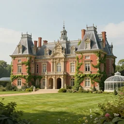 matte painting of a countryside landscape of a nobleman large estate with xix century manor. fantastical, elegant, intricate elaborate, red brick, ivy, opulent, archways, columns, balcony, towers, greenhouse verdant lawn. sharp focus, smooth detailed digital art trending in artstation