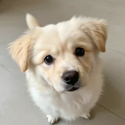 A cute dog looking at the camera. Selfie shot angle.