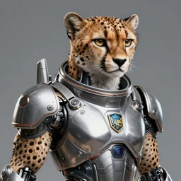 a portrait of a muscular anthropomorphic cyberpunk cheetah in spacesuit armor with ensignia on chest plate by sandra chevrier, by jon foster, detailed render, post - processing, extremely hyperdetailed, intricate, epic composition, cybernetics, 4 k realistic, cryengine, realistic shaded lighting, sharp focus, masterpiece, by enki bilal