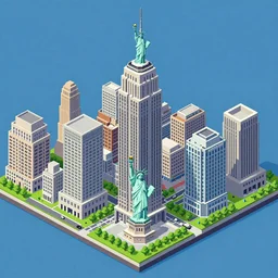 New York in SimCity2000 style. isometric. retro. pixelart. maxis. Statue of liberty. Flatiron building. United nations Headquarters. Chrysler building. Times Square. Central Park. Rockefeller Plaza. Empire State