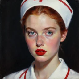 hyperrealism oil painting, close - up portrait, nurse fashion model, complete darkness, red lipstick, ginger, freckles, in style of classicism mixed with 8 0 s sci - fi hyperrealism