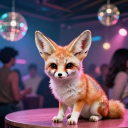 kodak ultramax 4 0 0 photograph of a fennec fox in disco club, grain, faded effect, vintage aesthetic, vaporwave colors, disney, cute, furry