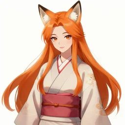 A beautiful traditional kitsune woman with long orange hair and fox ears wearing a kimono, WLOP, digital drawing, trending on ArtStation
