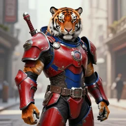 hyperrealistic portrait of an athropomorphic tiger wearing heavy combat red - blue armor, bladerunner street, art of elysium by jeremy mann and alphonse mucha, fantasy art, photo realistic, dynamic lighting, artstation, poster, volumetric lighting, very detailed face, 4 k, award winning, cinematic lighting, deviantart, artstation, cg society