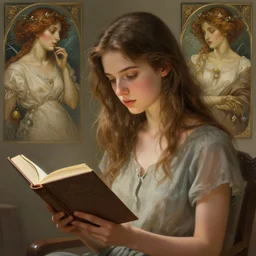 girl reading a book, highly detailed, digital painting, artstation, concept art, smooth, sharp focus, illustration, Unreal Engine 5, 8K, art by artgerm and greg rutkowski and alphonse mucha