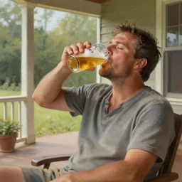 a man drinking an ice cold beer on his front porch, highly detailed digital painting