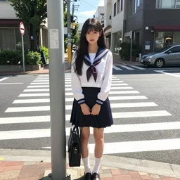 a beautiful girl with long hair on japanese uniform high school waiting on a crosswalk daylight, 8 k