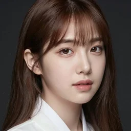 portrait of a young woman, brown hair and bangs, mostly white with slight korean ancestry, a slightly big nose, slightly big jaw