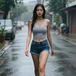 hyperrealistic photo of a hot wet girl in the rain waling down the road, 8 k