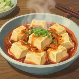 mapo tofu cartoon, anime food, studio ghibli food