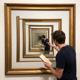 droste effect!!! a man paints a frame that displays the same man that paints a frame that displays the same man in it, droste effect!!!