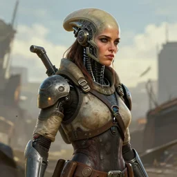 fallout 5, charismatic brunette rugged female alien protagonist, portrait, cybernetic details atmospheric lighting, painted, intricate, volumetric lighting, beautiful, daytime, sunny weather, slight overcast, sharp focus, deep colours, ultra detailed, by leesha hannigan, ross tran, thierry doizon, kai carpenter, ignacio fernandez rios