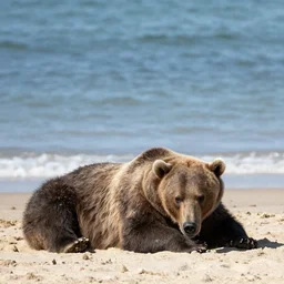 a grizzly bear sunbathing at the beach ⛱️
