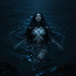 drowned god in the sea at night, dark, fantasy