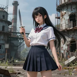 magical and mystical school girl holding a knife on a abandoned factory, octane render, rembrandt, cgsociety, artstation trending, highly detailded