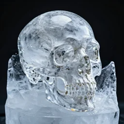 a crystal skull inside a block of ice, high detail, 8 k, hd,