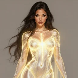 masterpiece digital character concept art of kendal jenner as a cosplay e - girl, by frank frazetta, clear clothed portrait, holy body! light effect. hyper detailed, beautiful glowing lights, intricate, elegant, digital painting, trending on artstation, featured on pixiv, smooth, sharp focus,