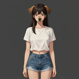 fullbody portrait of wild half - dog woman with dognose and ears, wearing summer jeans shorts and tshirt, anime art, concept art, detailed attractive face with dog nose and dog mouth, symmetrical, trending on pixiv, by lois van baarle by sung choi by john kirby artgerm style pascal blanche and magali villeneuve