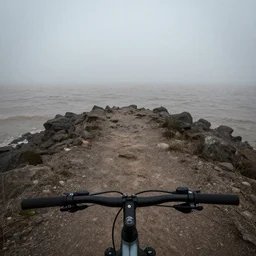 a scene from a fever dream, Bicycling on a rocky path in 1st person entering the scary murky ocean!! Fog! Ultra realistic! 25mm f/1.7 ASPH Lens!