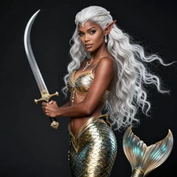 a fantast beauty detailed elf with mermaid tail adriana lima with black skin, with a curved sword, platinum white wavy long hair, white headband in the front with diamonds, jewelry body armor in golden and silver colors, pointy ears, detailed, epic masterpiece of cinematographic hyperrealism, realistic shaded lighting poster by craig mallismo, artgerm, jeremy lipkin and michael garmash,