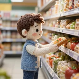 needle felted person buying food at supermarket, highly detailed, tilt shift, cute, hyperrealism, highly textured, god rays