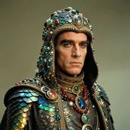 Jodorowsky's Dune movie, Marlon Brando as Baron Harkonnen, mail coif!!! cap!!! and outfit covered in colorful scales and jewels, cinematic, cinestill 400t film